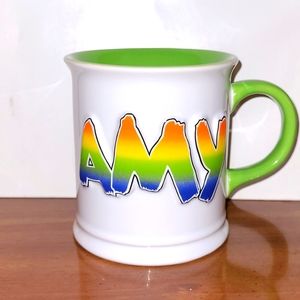 NWT Vintage AMY Xpres Rainbow Coffee Mug or Tea Cup 10oz 3D letters, Lime Green